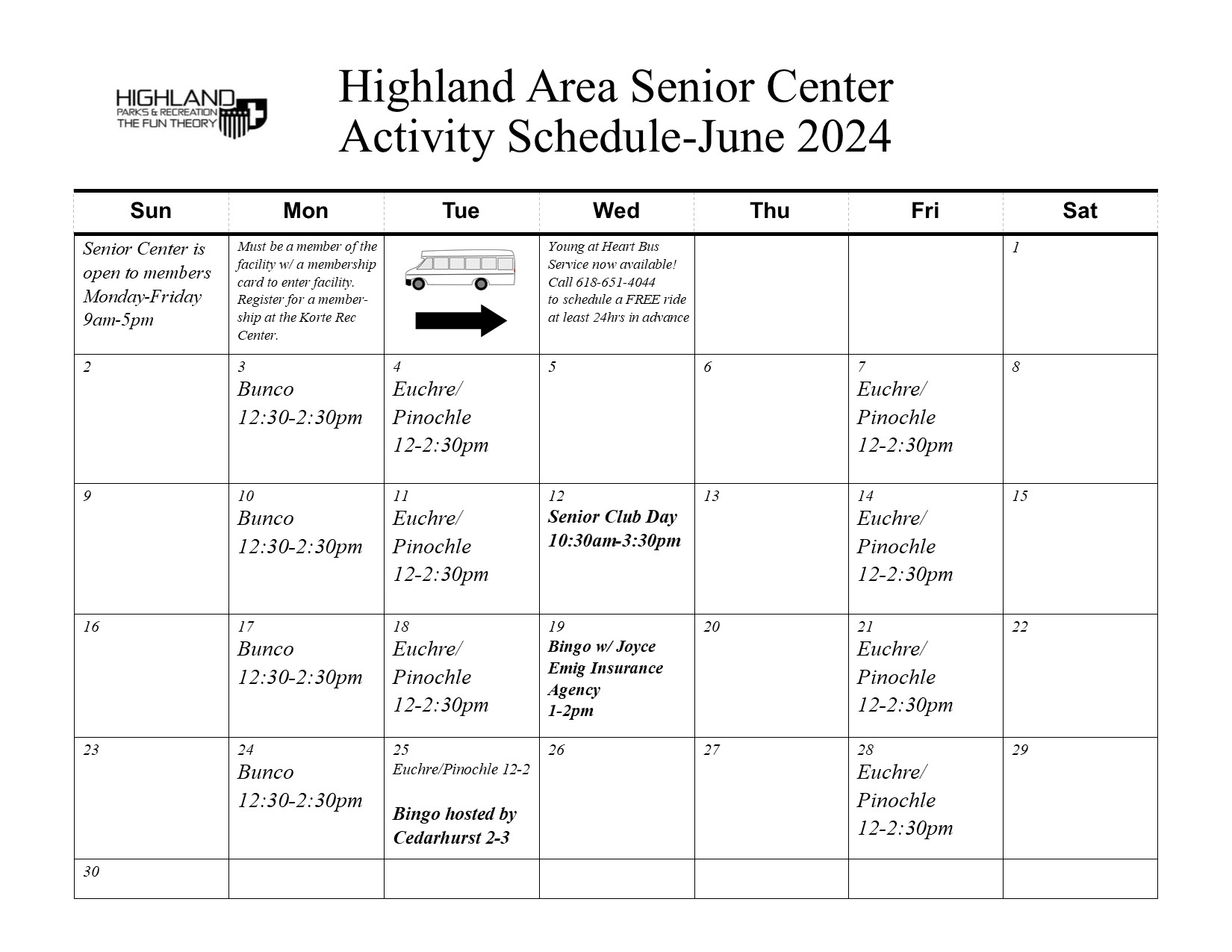 Senior Center Activity Schedule June 2024